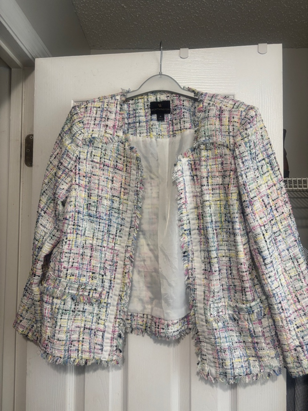 Worthington Pastel Tweed Open-Front Fringe Blazer
